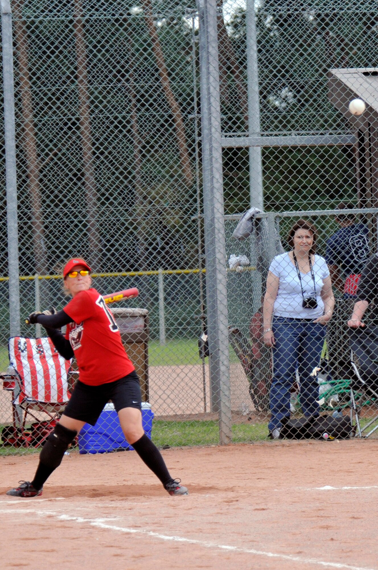 Jessa Taylor, an outfielder and infielder for the Aviano Lady Dragons prepares to swing for the fences Aug. 16 at RAF Lakenheath, England. The Lakenheath Lady Eagles stormed back in the double elimination tournament and defeated the Aviano Lady Dragons twice to capture the 2008 USAFE Women's Softball Championship. (U.S. Air Force photo by Airman Perry Aston)