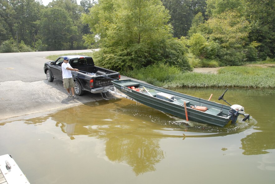 Two Middle Tennessee State University students launch their boat at the Franklin County public boat launch on Woods Reservoir at Arnold Air Force Base, Tenn.