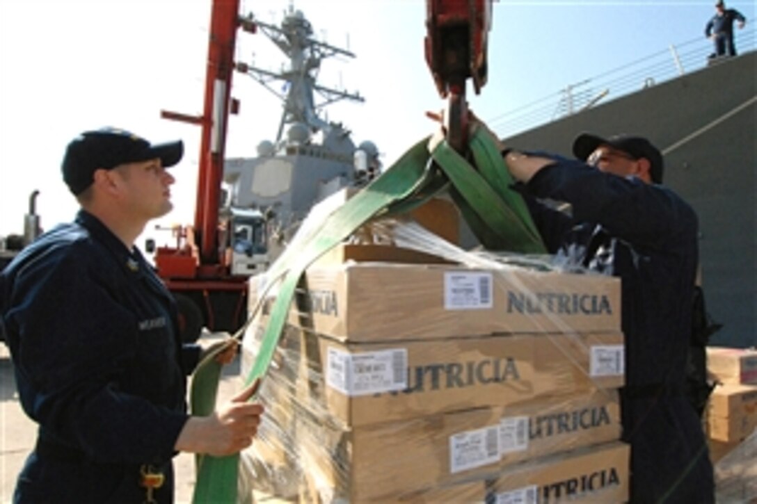 U.S. Navy Petty Officer 1st Class Jeff Weaver and Petty Officer 2nd Class Gary Smith prepare to load humanitarian aid aboard the guided-missile destroyer USS McFaul in Souda Bay, Crete, Aug. 20, 2008. Nearly 55 tons of supplies were loaded as part of the assistance for Georgia following the conflict between Russian and Georgian forces.  