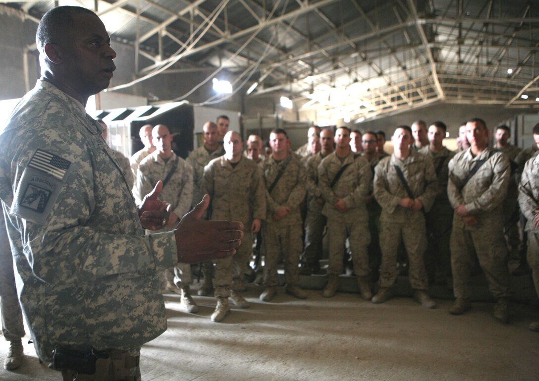 RAMADI, Iraq (August 21, 2008) - Lt. Gen. Lloyd J. Austin III, the Multi National Corps-Iraq commander, visits with the Marines, sailors and soldiers of 1st Battalion, 9th Marine Regiment, Regimental Combat Team 1, in Ramadi August 21. Austin, along with Col. Lewis A. Craparotta, commanding officer, RCT-1, and Lt. Col. Brett A. Bourne, commanding officer, 1st Battalion, 9th Marines, toured the local battle space and assessed the level of growth in the region. (Official U.S. Marine Corps photo by Lance Cpl. Casey Jones) (RELEASED)