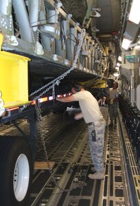 Tech. Sgt. Daryl Stringer, center, lowers the landing gear on a flatbed truck as Senior Airman Matthew Ounan moves equipment onboard a C-17 Globemaster recently. Both are members of the 89th Aerial Port Squadron. The truck holds the wings of “The Swoose,” the oldest surviving B-17 Flying Fortress, which left Andrews Aug. 4 for Dayton, Ohio. “The Swoose” will be assembled and put on display at the National Museum of the U.S. Air Force. (Courtesy Photo)