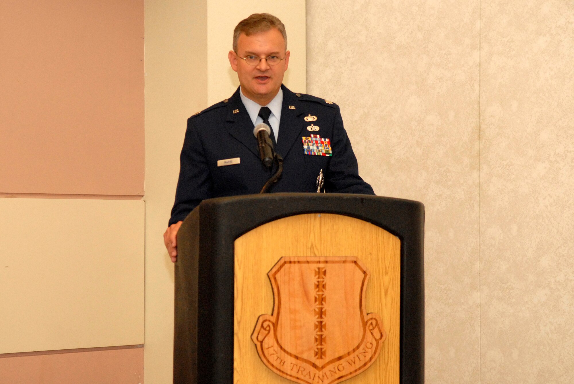 Lieutenant Colonel James Marrs, 217th Training Squadron commander, addresses the audience at the 217 TRS stand-up Aug. 15. (U.S. Air Force photo by Senior Airman Kasabyan Musal)