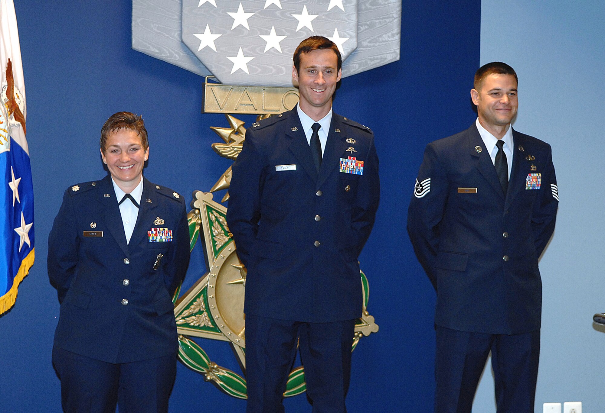 Lt. Col. Laura A. Soule, Capt. Stewart J. Parker, Master Sgt. William F. Facio (not pictured) and Tech. Sgt. Joshua D. King received the Lance P. Sijan Air Force Leadership Award during a ceremony Aug. 20 at the Pentagon. The Sijan Award recognizes Airmen who demonstrated outstanding leadership while assigned to an organization at the wing level or below. (U.S. Air Force photo/Andy Morataya)