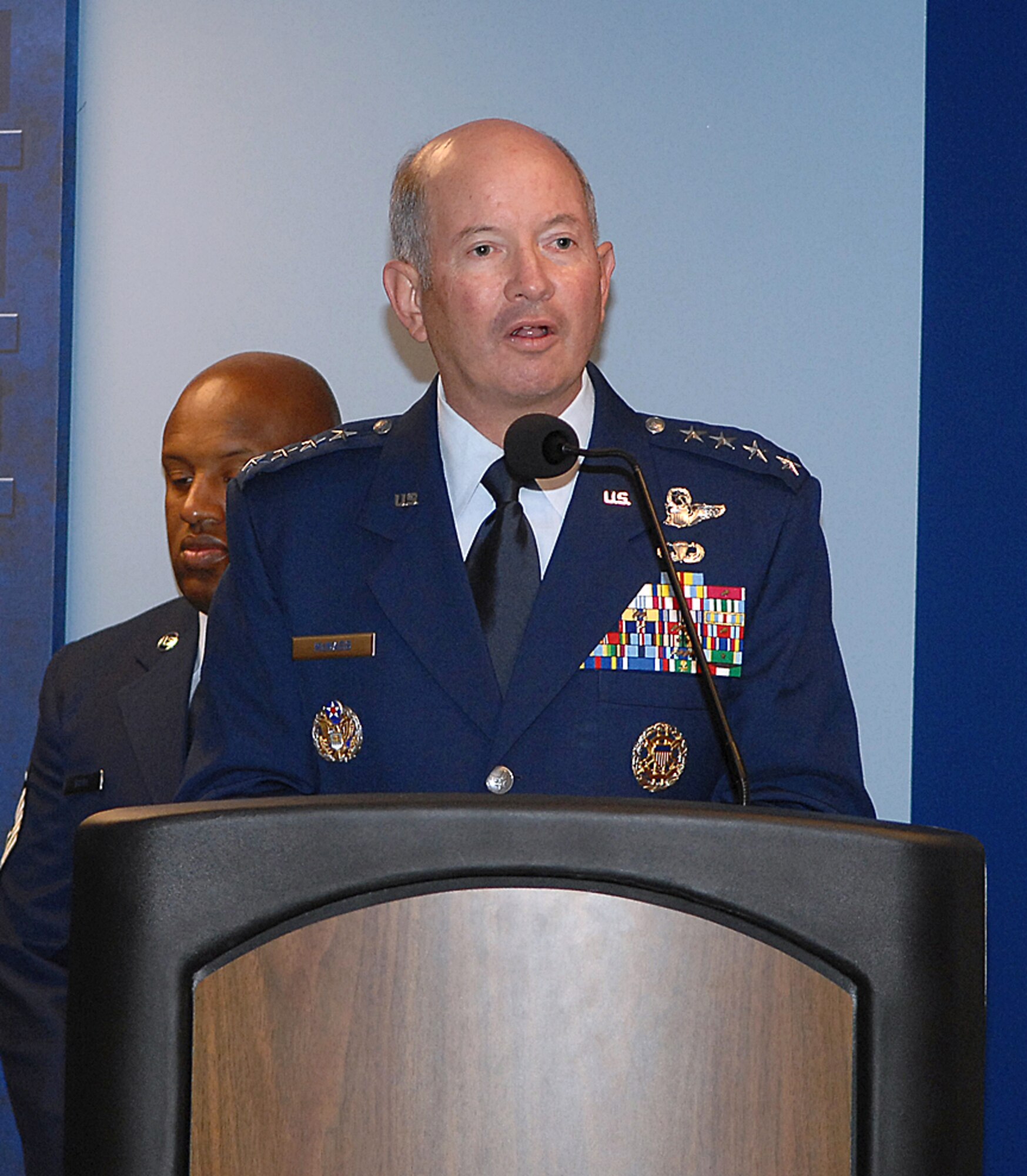 Vice Chief of Staff of the Air Force Gen. Duncan J. McNabb speaks at the Lance P. Sijan Air Force Leadership Award ceremony Aug. 20 at the Pentagon. The Sijan Award recognizes Airmen who demonstrated outstanding leadership while assigned to an organization at the wing level or below. (U.S. Air Force photo/Andy Morataya) 