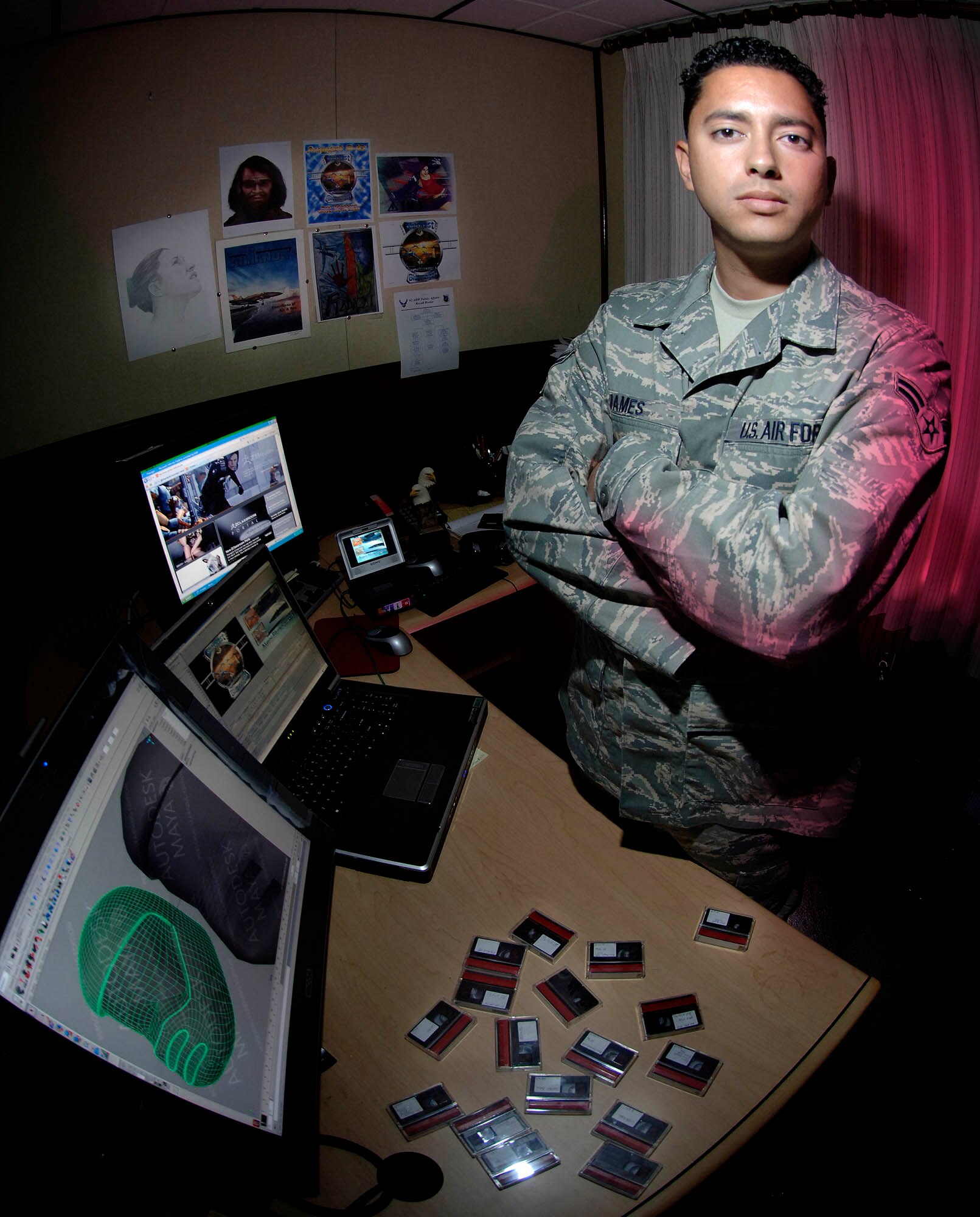 FAIRCHILD AIR FORCE BASE, Wash. – Airman 1st Class Jesse James is a base videographer who provides multimedia support for Fairchild. In addition, Airman James maintains the Commander’s Access Channel and provides informational videos which highlight the unique base mission. U.S. Air Force photo / Staff Sgt. JT May III)
