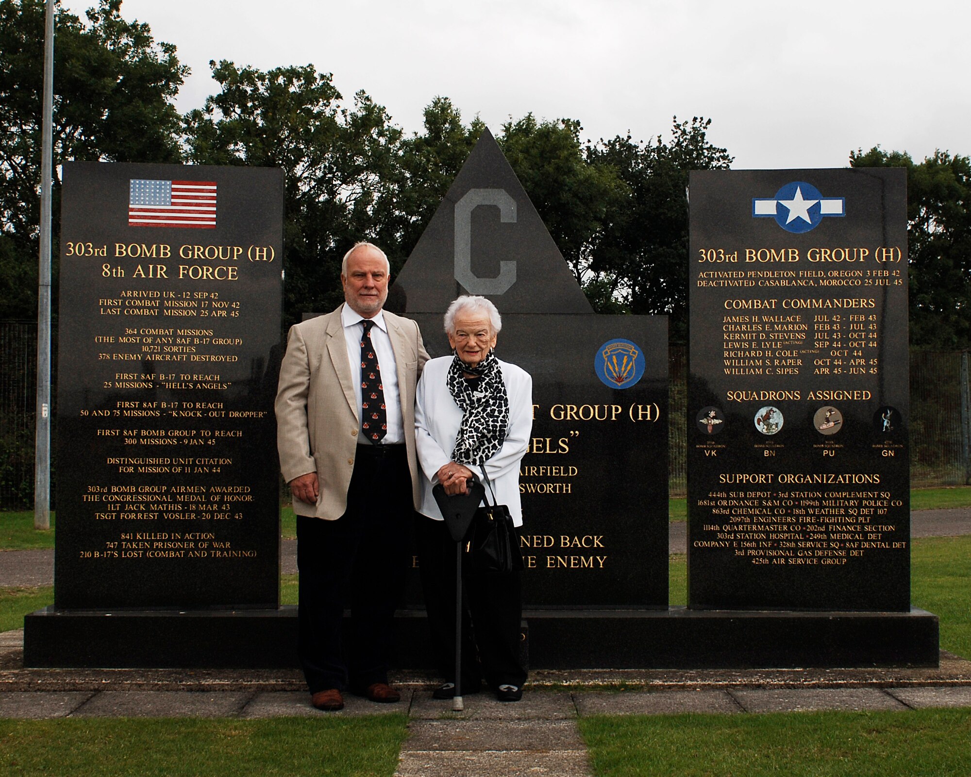 Mrs. Jeanne Pettifer returns to RAF Molesworth some 63 years after making her last delivery of then-secret radar components to the U.S. 303rd Bomb Group (Heavy).  A civilian member of the British Telecommuncations Research Establishment which invented radar, she gave up a boring office job to drive a van delivering radar equipment to British and American airfields.  On August 20th she returned delivering her son, Dr. James Pettifer, a professor at the Defence Academy of the UK. (U.S. Air Force Photo by Staff Sergeant Chad E. Chisholm)