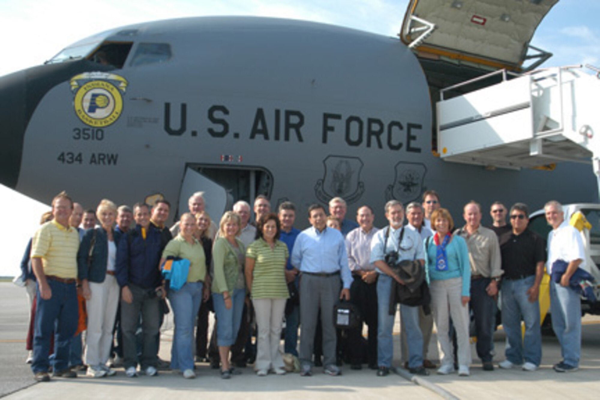GRISSOM AIR RESERVE BASE, Ind. -- A group of 28 civic leaders from the Indianapolis area visited here Aug. 20 to witness a KC-135 aerial refueling mission. The group received the 434th Air Refueling Wing mission briefing; a mission planning briefing from Brig. Gen. Dean Despinoy, 434th ARW commander; and witnessed a mid-air aerial refueling first hand.  The civic leader flight was part of Grissom's on-going community outreach program.  (U.S. Air Force photo/Capt. Kelly Howard)