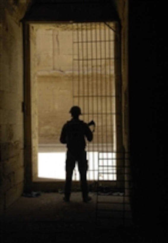 A U.S. Army soldier from 1st Squadron, 1st Platoon, Dragon Company, 3rd Armored Cavalry Regiment checks out the Hadr Ruins in Hadr City, Iraq, on Aug. 5, 2008.  