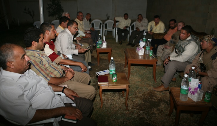 KHALIDYAH, Iraq (August 24, 2008) – The region’s director generals, and the mayor of Khalidyah, meet with influential Coalition representatives to discuss potential progress in governance and future projects to improve essential services and foster economic development, Aug. 24. This was their opportunity to disclose their respective field’s needs for fiscal year 2009’s budget. (Official U.S. Marine Corps photo by Lance Cpl. Scott Schmidt)