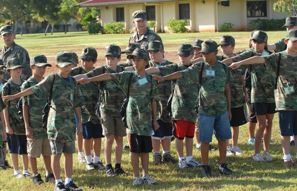 Airmen from the Sky Warriors flight practice Dress Right Dress  as they learn how to form up and march during Operation Hele on. Operation Hele on provides Hickam’s youngest warriors a glimpse into what their parents go through as they prepare to deploy. (U.S. Air Force photo/Staff Sgt. Erin Smith)
