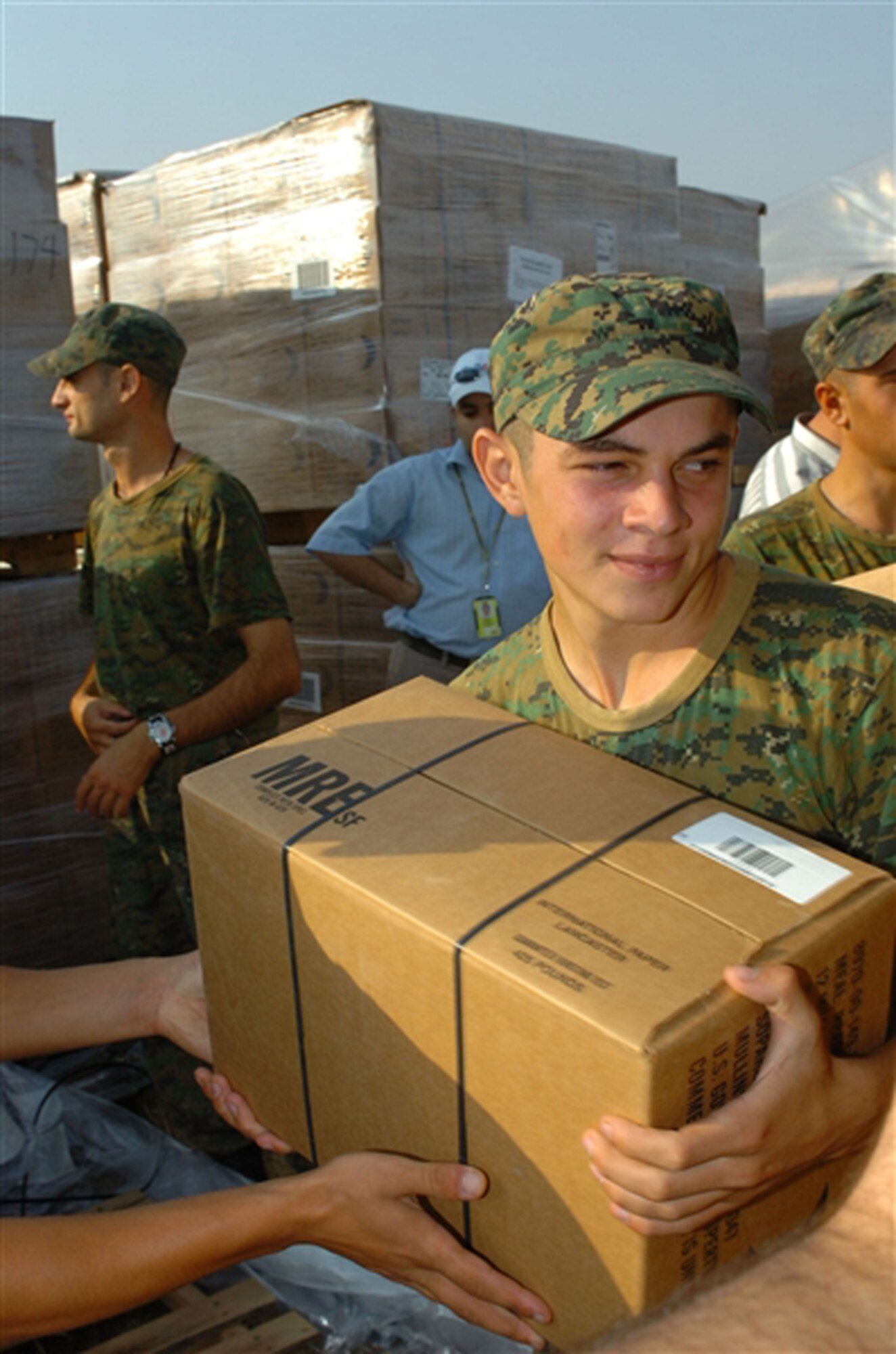 Georgian soldiers, working with U.S. Soldiers, assist in delivery of humanitarian assistance supplies to the people of Georgia Aug. 21. (Department of Defense photo/Marine Maj. Rob James) 