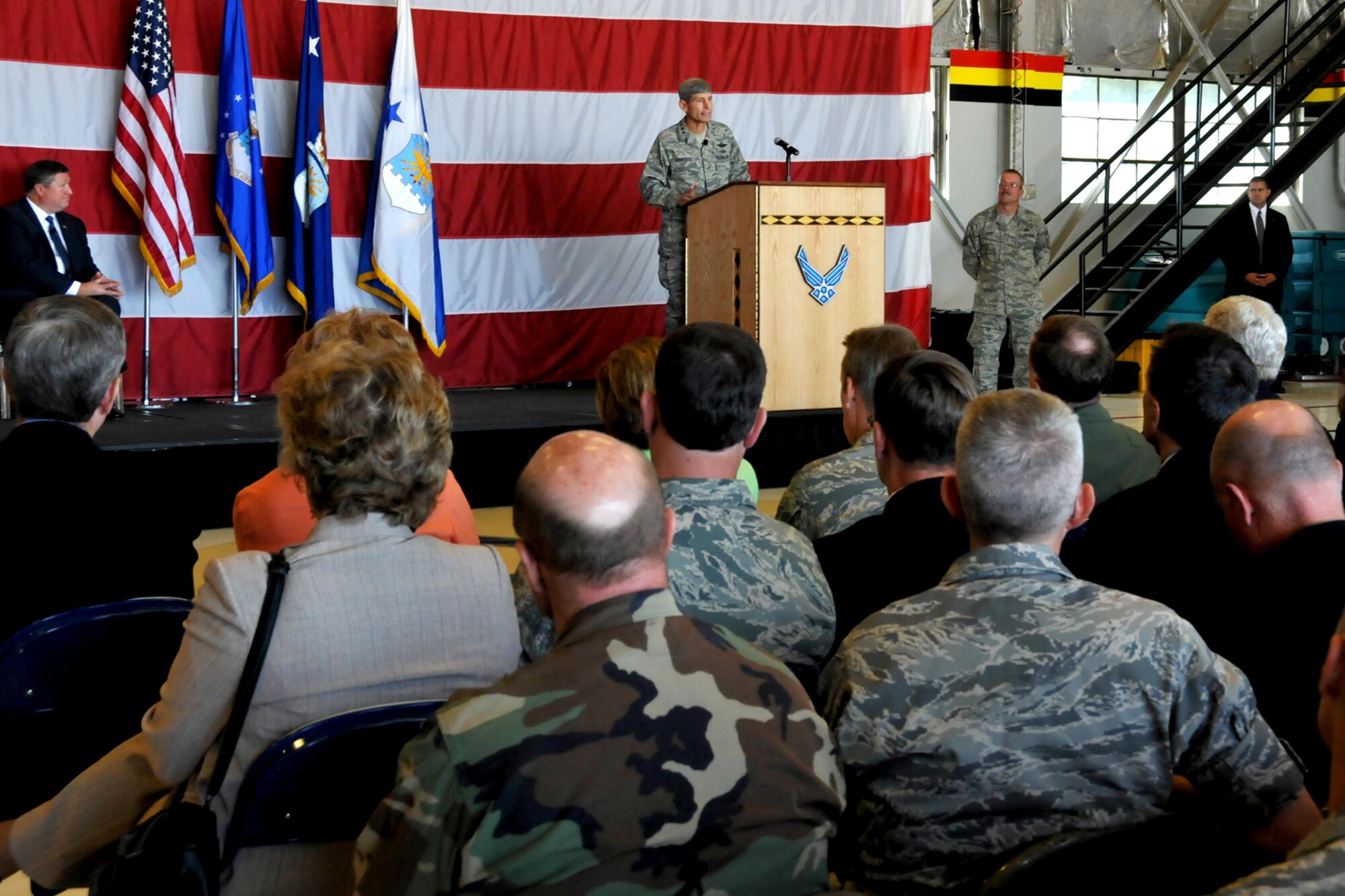 Acting Secretary of the Air Force Michael Donley (far left) listens as Air Force Chief of Staff Gen. Norton Schwartz speaks to Airmen and civilians Aug. 22 during their visit to Hill Air Force Base, Utah.  (U.S. Air Force photo/James Arrowood)