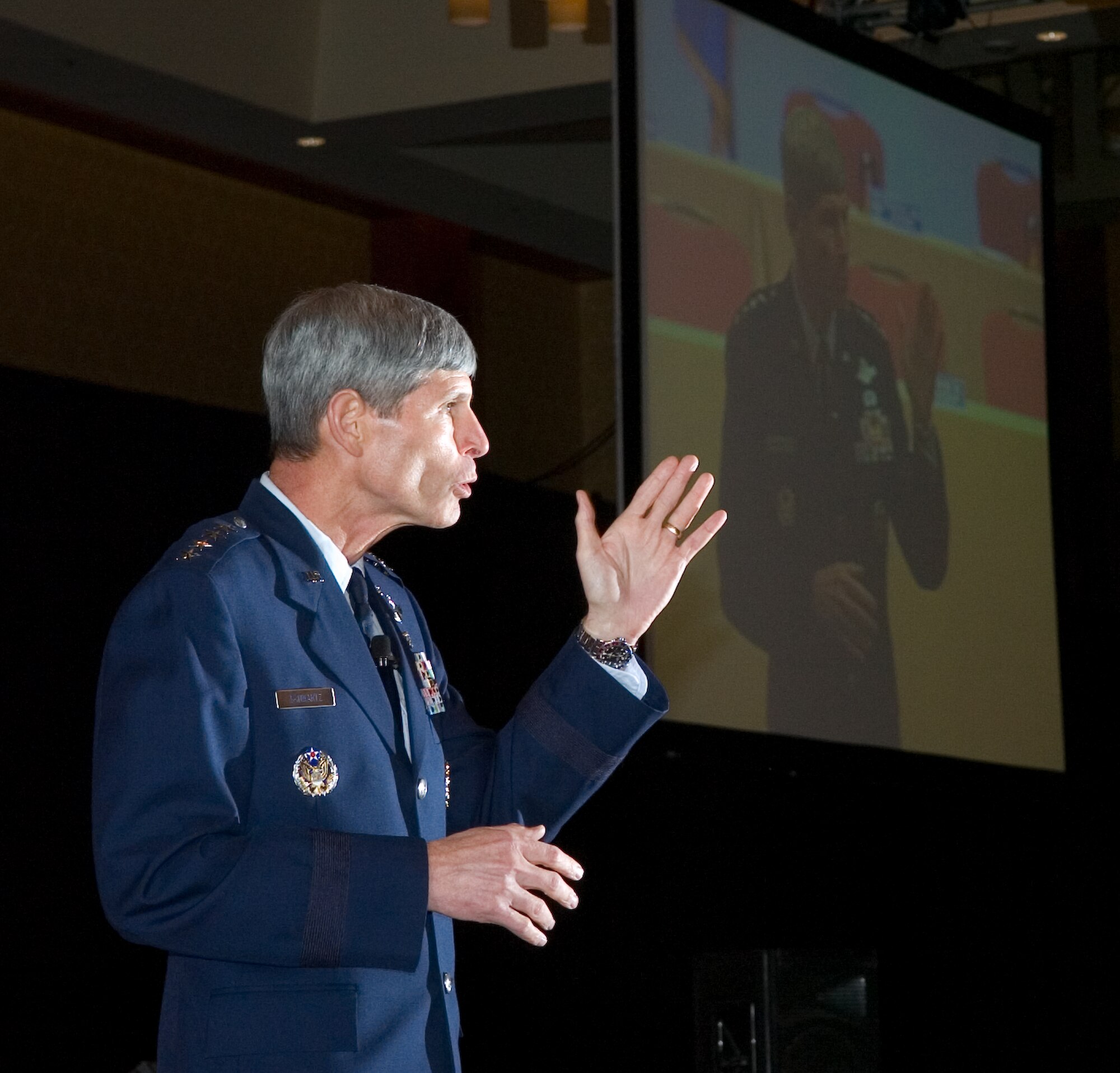 Gen. Norton Schwartz, Air Force chief of staff, delivers his keynote speech Aug. 25 at the Air Force Sergeants Association's annual Professional Airmen's Conference and International Convention in San Antonio. General Schwartz discussed his goals for the direction of the Air Force and addressed the importance of noncommissioned officer leadership. (U.S. Air Force photo/Lance Cheung)