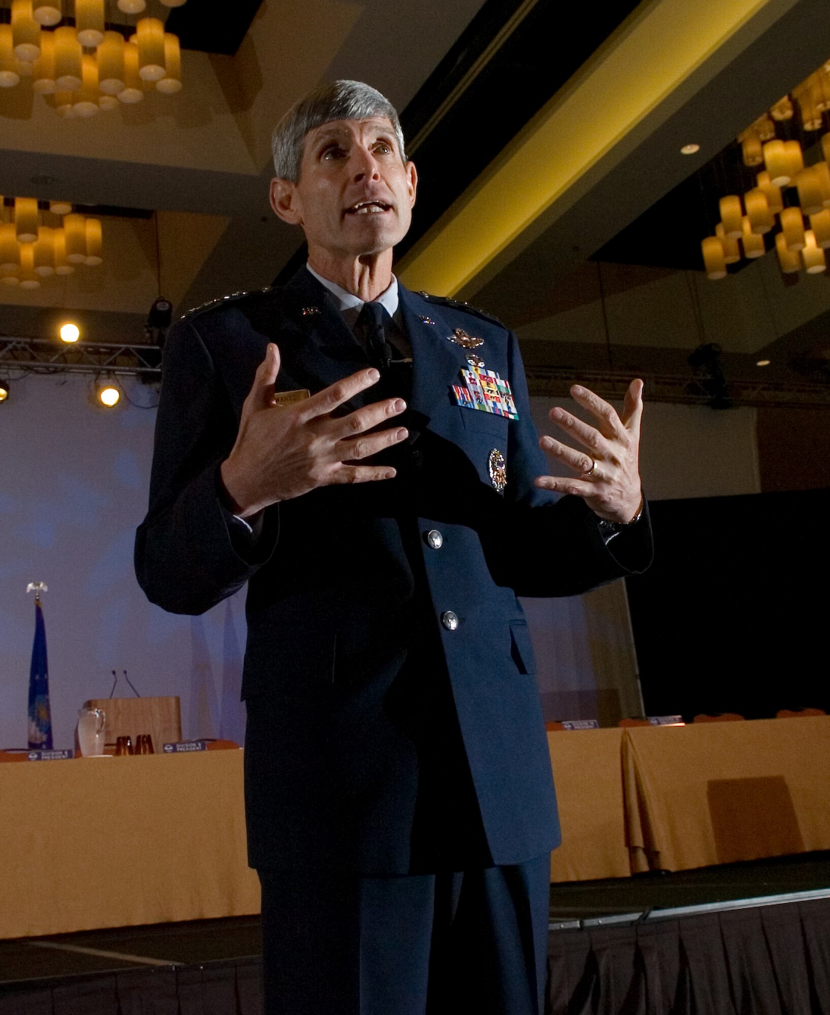 Gen. Norton Schwartz, Air Force chief of staff, delivers his keynote speech Aug. 25 during the Air Force Sergeants Association's annual Professional Airmen's Conference and International Convention in San Antonio. The general discussed the importance of noncommissioned officers and reiterated his faith in the Air Force to the packed ballroom of Air Force Sergeants Association members. (U.S. Air Force photo/Lance Cheung)