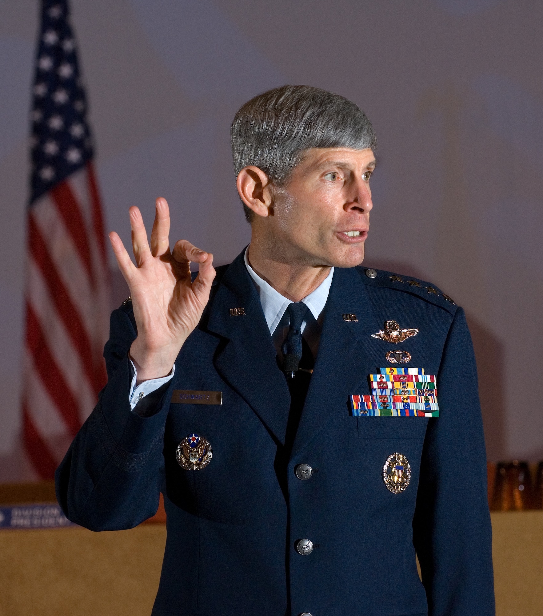 Gen. Norton Schwartz, Air Force chief of staff, talks about his objectives to remedy problems in today's Air Force during his keynote speech Aug. 25 at the Air Force Sergeants Association's annual Professional Airmen's Conference and International Convention in San Antonio. (U.S. Air Force photo/Lance Cheung)
