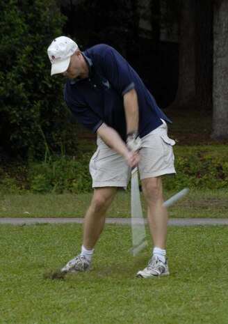 Capt. Jeff Bartlett tees off on the first hole during the Air Force Ball golf tournament at Miller Golf Club in Summerville, S.C., Aug. 22. The tournament was held to raise money for the annual ball to be held Sept. 6. Tickets are still available at the 437th Airlift Wing protocol office for $35 a person. For more information call protocol at 963-8002. Captain Bartlett is assigned to the 437th Airlift Wing Safety Office. (U.S.  Air Force photo/Master Sgt. Sean Houlihan)