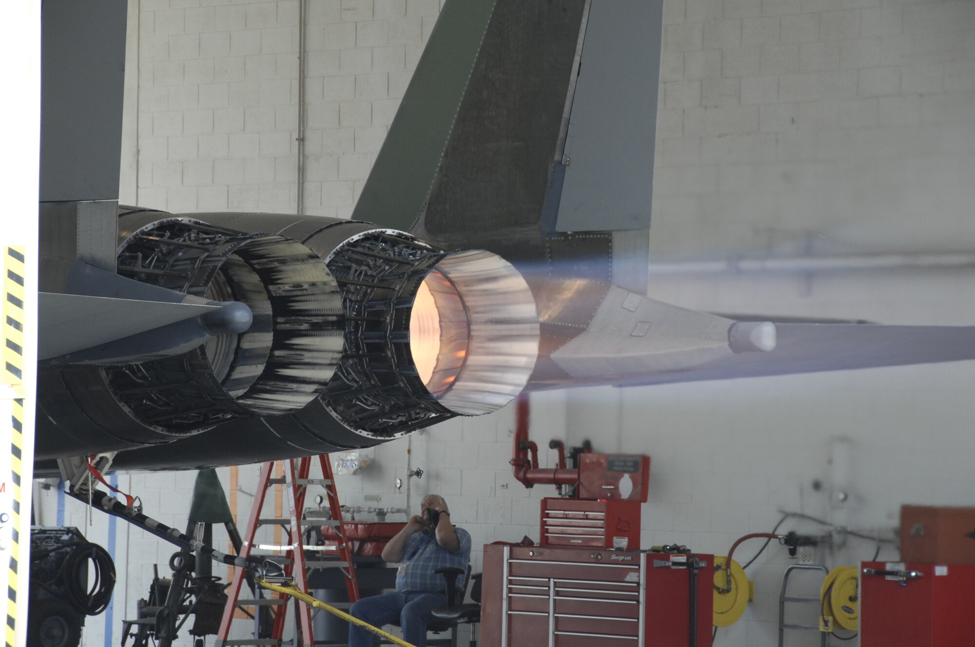 An F-15E Strike Eagle goes through flight simulation testing at Robins Air Force Base, Ga., using a synthetic fuel mixture. This was the first test using synthetic fuel in a fighter. The Air Force previously tested synthetic fuel blends in a C-17 Globemaster III, B-52 Stratofortress and B-1B Lancer aircraft. (U.S. Air Force photo/Claude Lazzara) 