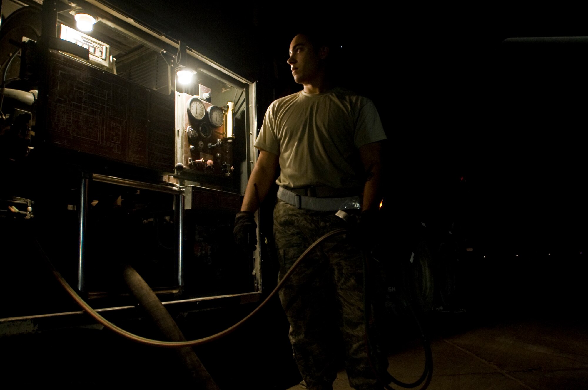 ALI BASE, Iraq -- Senior Airman Greg Crews, 407th Expeditionary Logistics Readiness Squadron fuels operator, watches the fuel gauges to assure the fuel is flowing properly Aug. 22, 2008. The 407th ELRS Fuels Management Flight supports not only the Air Force, but is a critical asset for the Navy and Army providing the fuel needed 24 hours a day to ensure mission success. They are also responsible for distributing fuel to all of the power generators here. Crews is deployed from Hurlburt Field Air Force Base, Fla. (U.S. Air Force photo/Airman 1st Class Christopher Griffin)