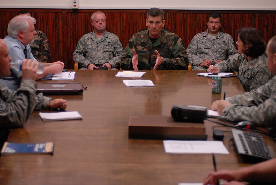 KUNSAN AIR BASE, Republic of Korea -- Major Michael Merritt, 8th Maintenance Squadron commander, speaks during the Airmen's Time Task Force visit here Aug. 20. The study focused on Airmen with extra duties and how it affects their jobs. (U.S. Air Force photo/Senior Airman Gustavo Gonzalez) 
