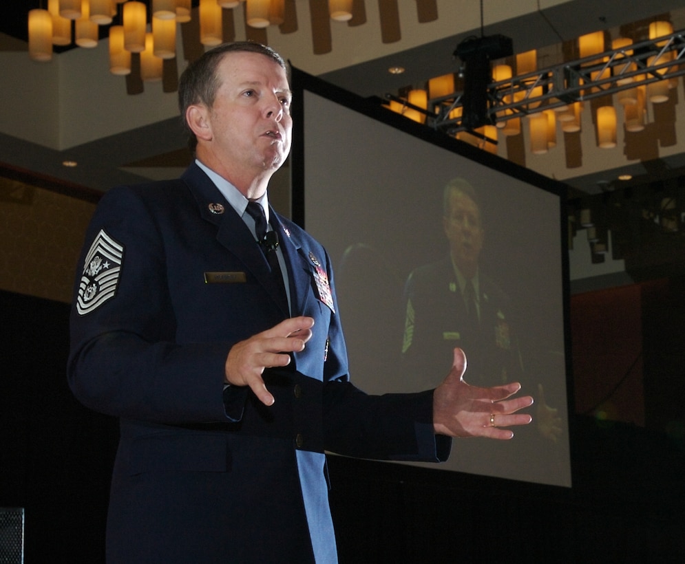 Chief Master Sergeant of the Air Force Rodney J. McKinley speaks during the Air Force Sergeants Association's annual Professional Airmen's Conference and International Convention Aug. 26 in San Antonio. (U.S. Air Force photo/Lance Cheung)