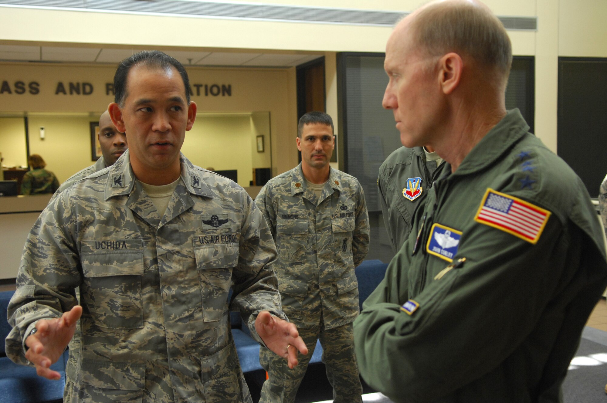 SHAW AIR FORCE BASE, S.C. -- Gen. John Corley, Air Combat Command commander, is briefed by Col. Ted Uchida, 20th Mission Support Group commander, during a tour of the Military Personnel Flight building Aug. 20. General Corley visited Shaw for a base wide tour of all facilities and recognized Airmen for their outstanding performance. (U.S. Air Force photo/Senior Airman Matthew Davis)