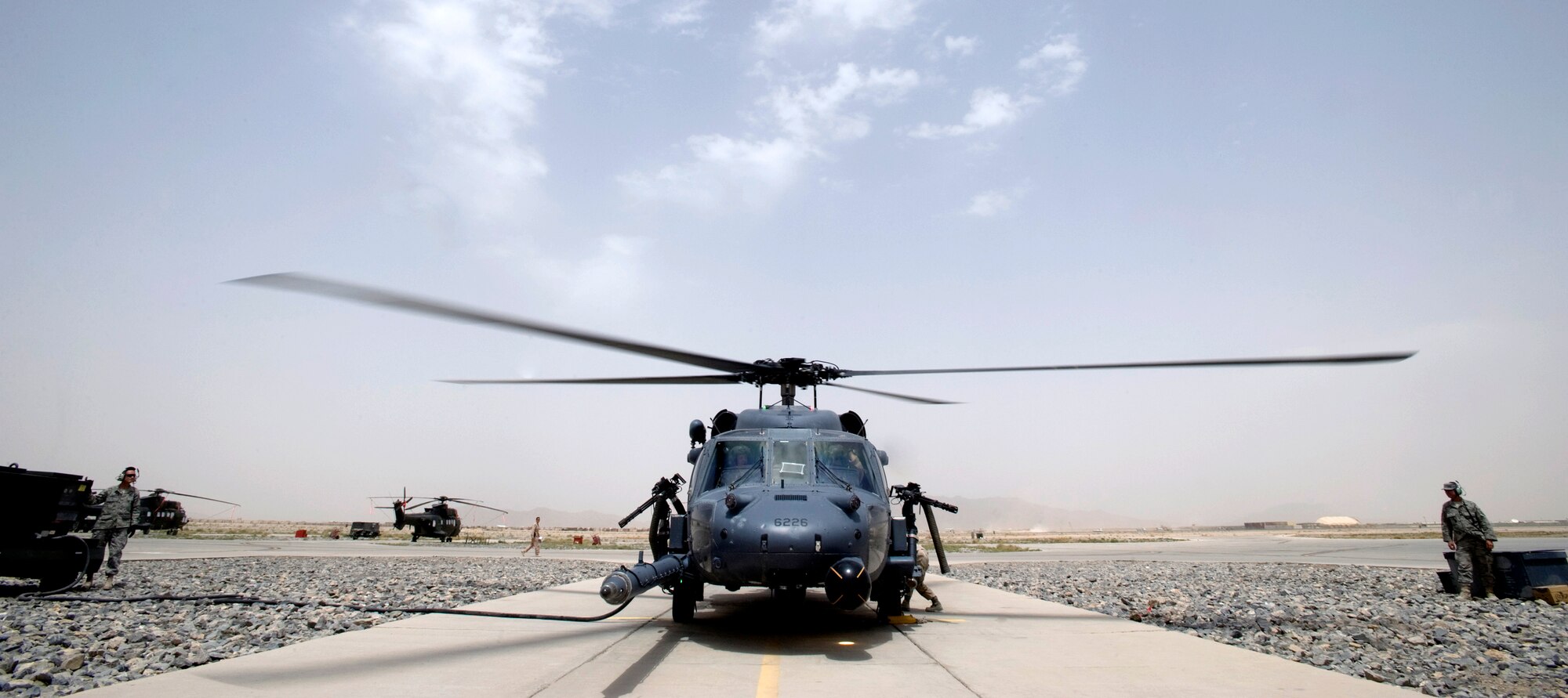 An HH-60 Pave Hawk lands after a flight to test mission readiness after preventative maintenance Aug. 15 at Kandahar Air Base, Afghanistan. The HH-60 as well as crews who fly it and maintain it are assigned to the 305th Expeditionary Rescue Squadron, an Air Force Reserve unit deployed from Davis-Monthan Air Force Base, Ariz. (U.S. Air Force photo/Master Sgt. Keith Brown) 
