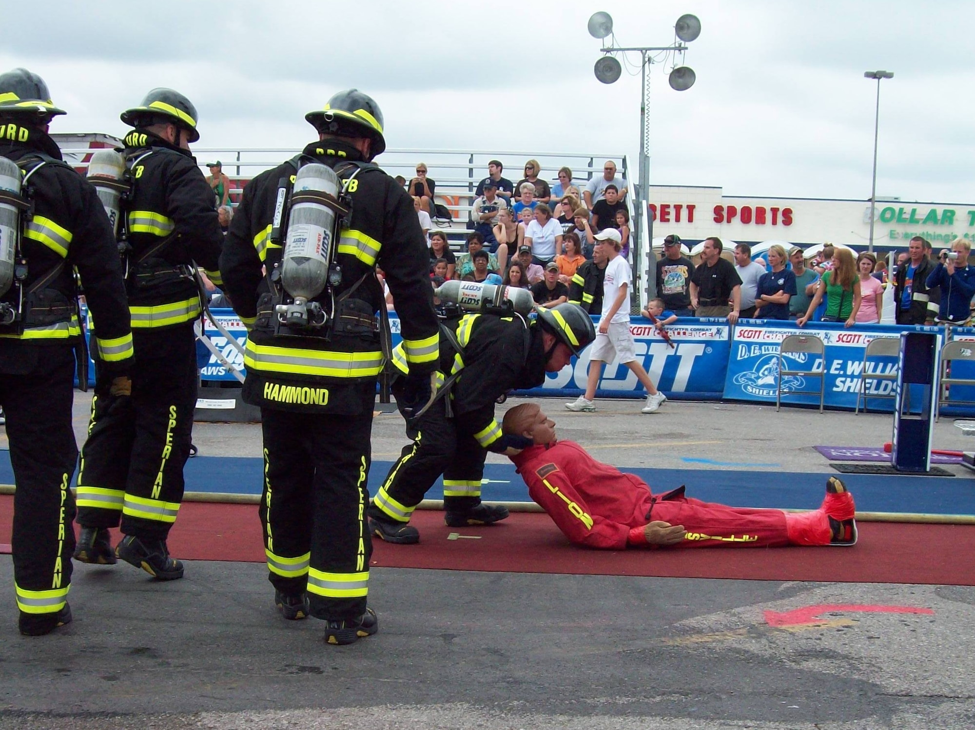 Members of the Peterson Fire Department’s Firefighter Combat Challenge Team drag a 175-pound “victim” as part of the competition Aug. 16 in Altus, Okla. Peterson’s Fire Department competed at the regional event, earning ninth place out of 20 competitors. Their time of 1 minute and 33 seconds qualified them for the World Challenge Nov. 11 in Las Vegas. (Courtesy photo)
