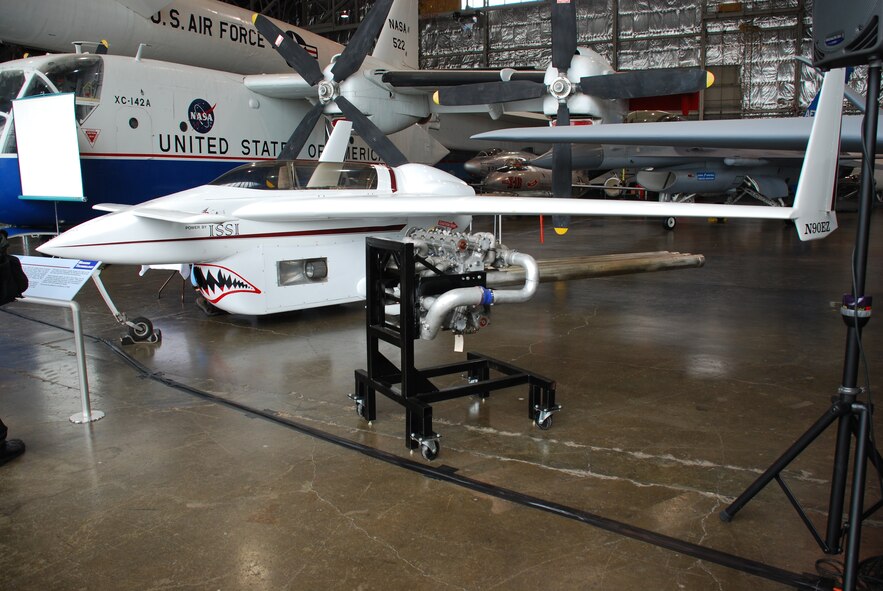 The first aircraft to fly powered by a pulsed-detonation engine was donated to the National Museum of the United States Air Force Aug. 25. The Air Force Research Laboratory's Propulsion Directorate developed the engine with in-house contractor Innovative Science Solutions, Inc., along with the Air Force Research Laboratory. (Air Force photo by Chris Gulliford)