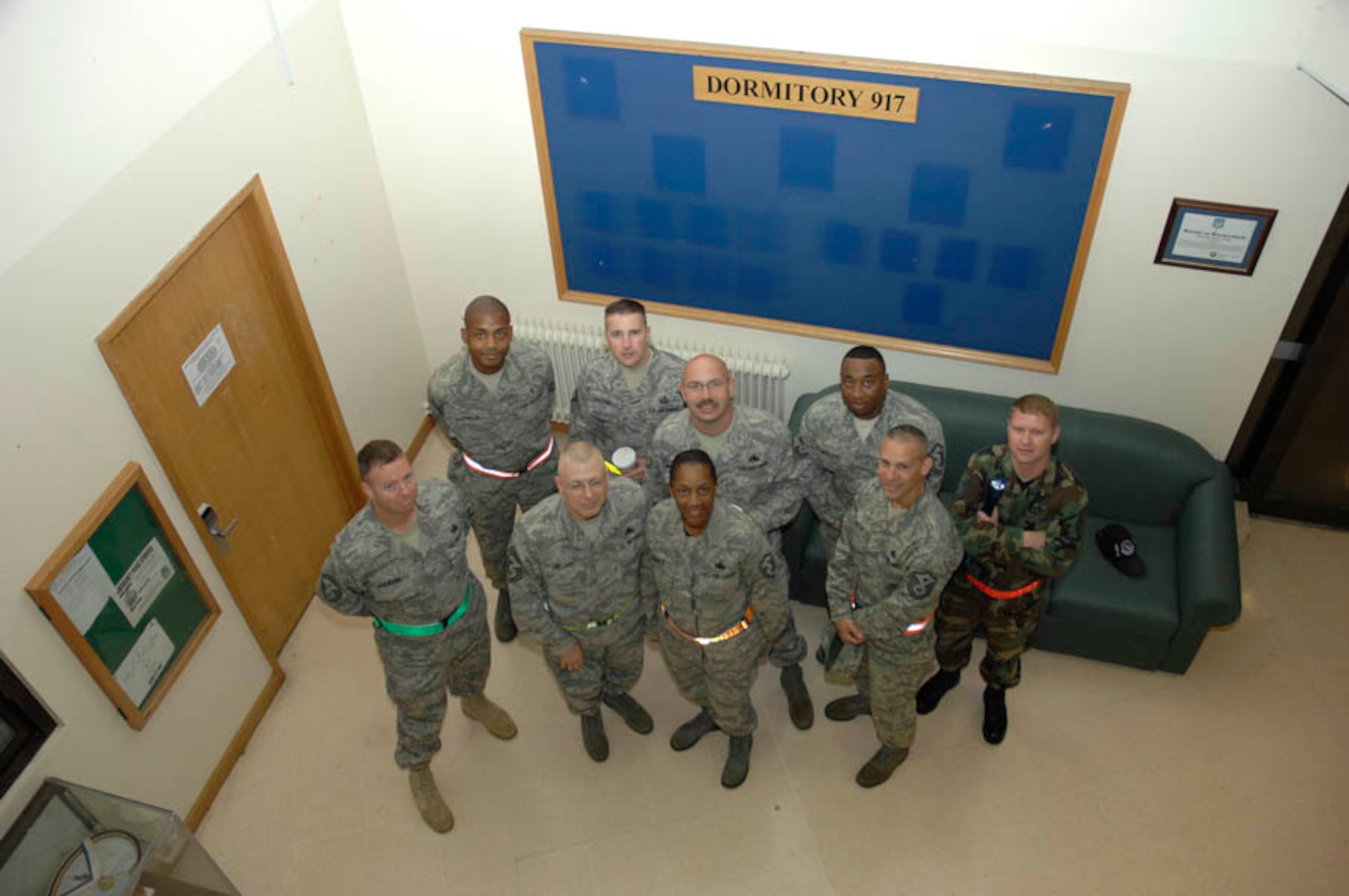 48th Fighter Wing Command Chief Master Sgt. Jeffrey Williams and several first sergeants from around the base met at building 917 before walking the dormitories Aug. 15 at RAF Lakenheath, England. The Chief and first sergeants feel their presence will help Airmen feel safe and provide the opportunity for familiarization with leadership. (U.S. Air Force photo by Senior Master Sgt. Thomas Wood)