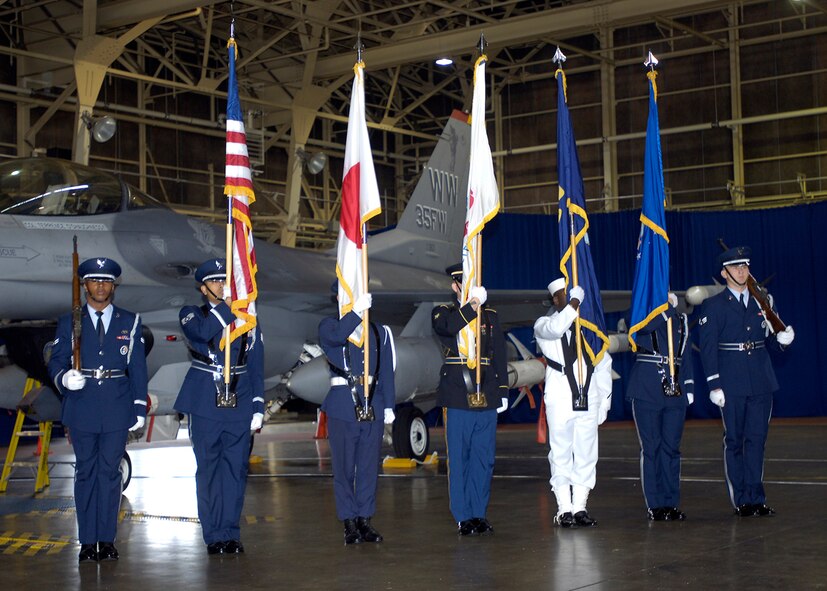 MISAWA AIR BASE, Japan -- The base honor guard presents the colors during the 35th Fighter Wing change of command Aug. 25, 2008.  Col. David Stilwell assumed command of the wing from Col. Terrence O'Shaughnessy.  (U.S. Air Force photos by Senior Airman Chad Strohmeyer) 