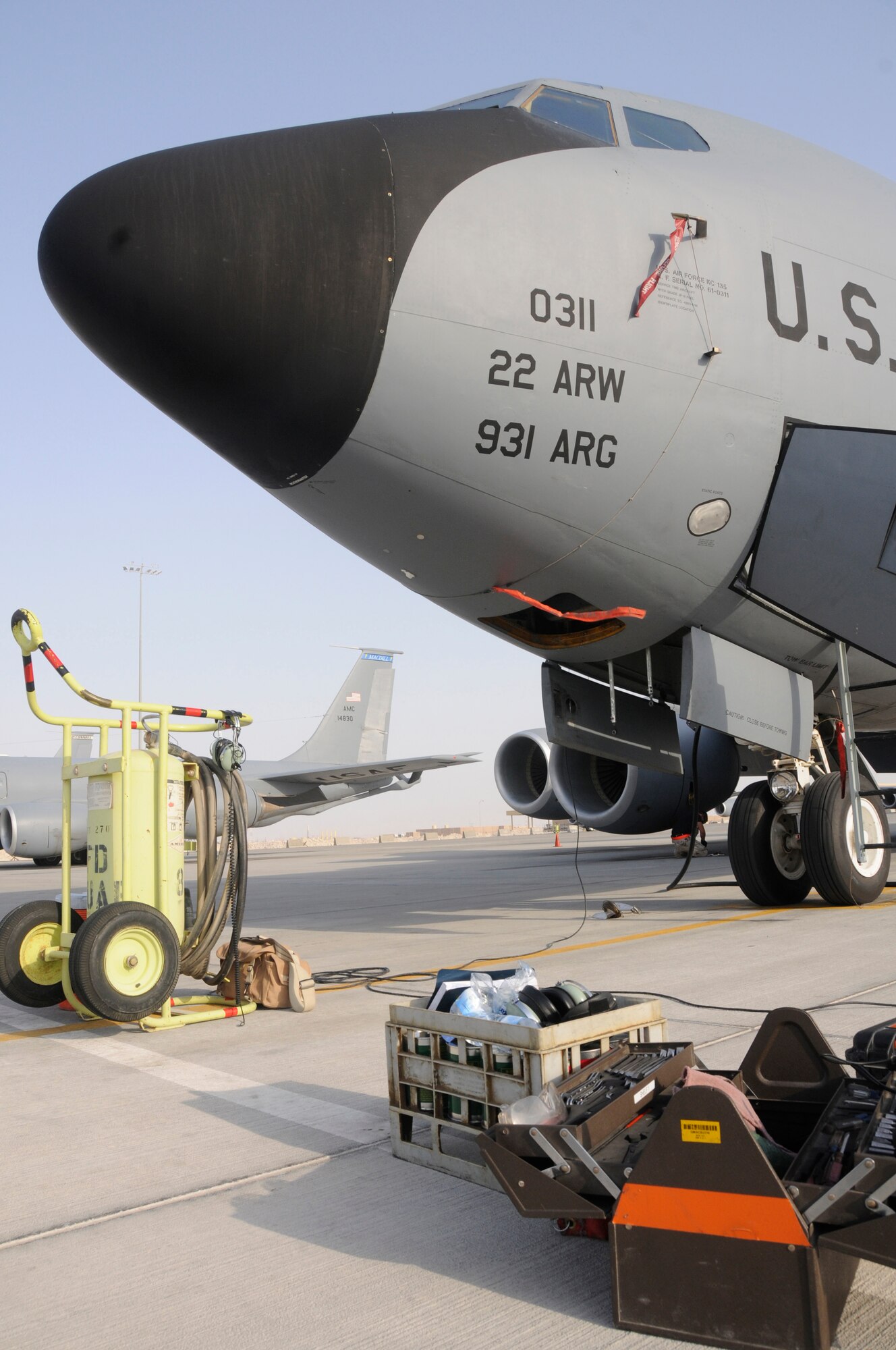 A KC-135 awaits maintenance after landing Aug. 25, 2008, at an undisclosed air base in Southwest Asia. KC-135 refuelers assigned to the 379th Air Expeditionary Wing provide aerial refueling support to Air Force, Navy, Marine Corps and allied nation aircraft engaged in Operations Iraqi Freedom, Enduring Freedom and Joint Task Force-Horn of Africa. (U.S. Air Force photo by Staff Sgt. Darnell T. Cannady/Released)
