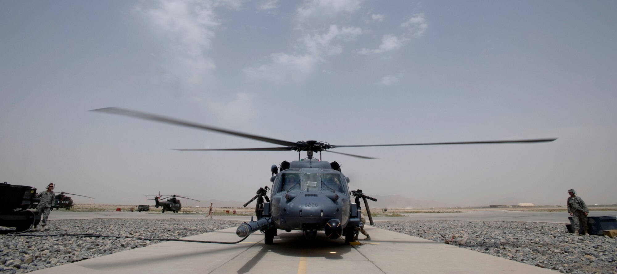 KANDAHAR AIR BASE, Afghanistan --  An HH-60 Pave Hawk lands at Kandahar Air Field, Afghanistan after a flight to test mission readiness after preventative maintenance. The Pave Hawk, as well as crews who fly it and maintain it are assigned to the 305th Expeditionary Rescue Squadron, an Air Force Reserve unit deployed from Davis-Monthan Air Force Base, Ariz. (U.S. Air Force photo by Master Sgt Keith Brown)
