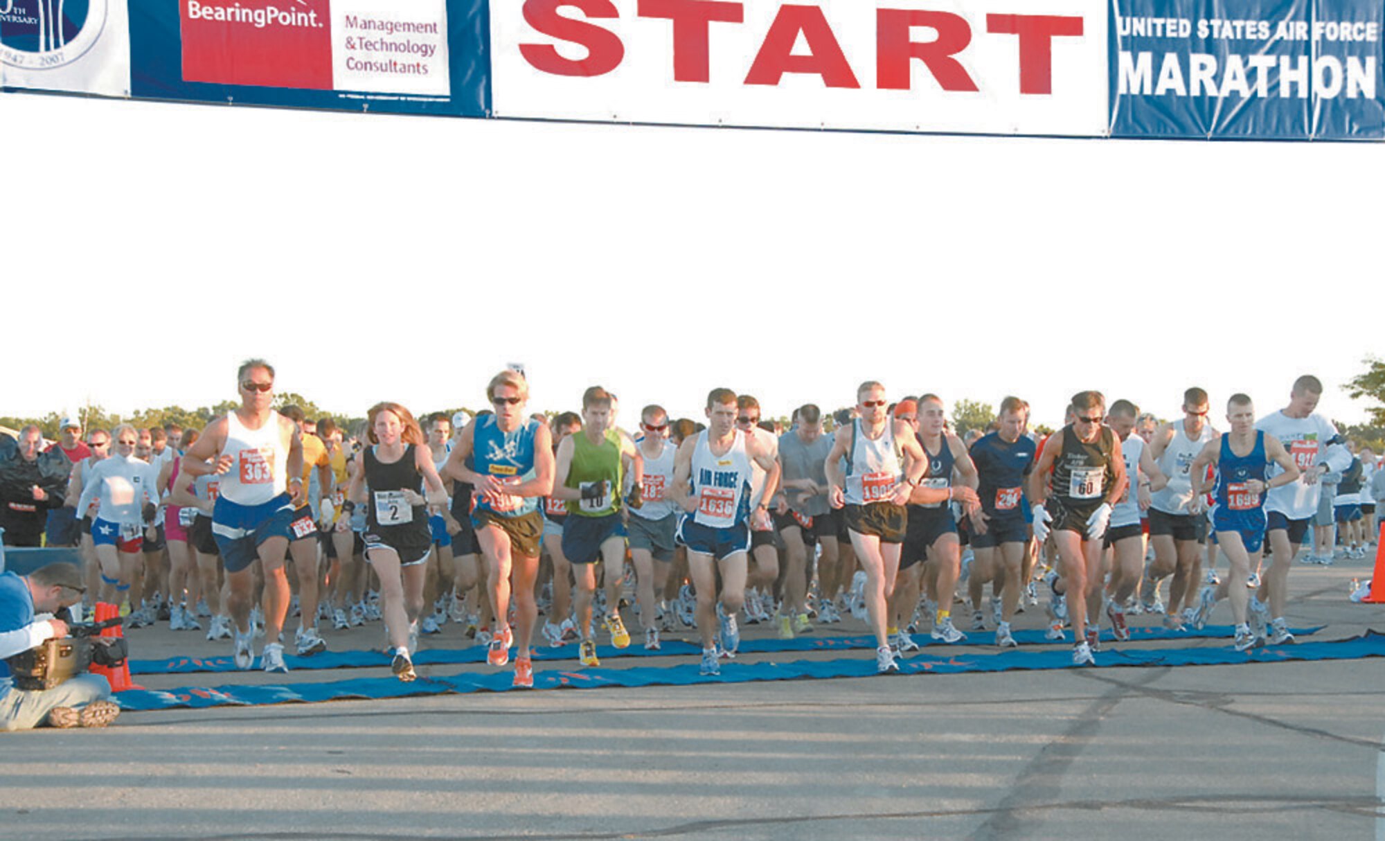 The 2007 United States Air Force Marathoner runners take off from starting line. The annual marathon is held at Wright-Patterson Air Force Base in Dayton, Ohio.  The 2008 marathon will take place Sept. 20.  (U.S. Air Force photo/Christy Webb)
