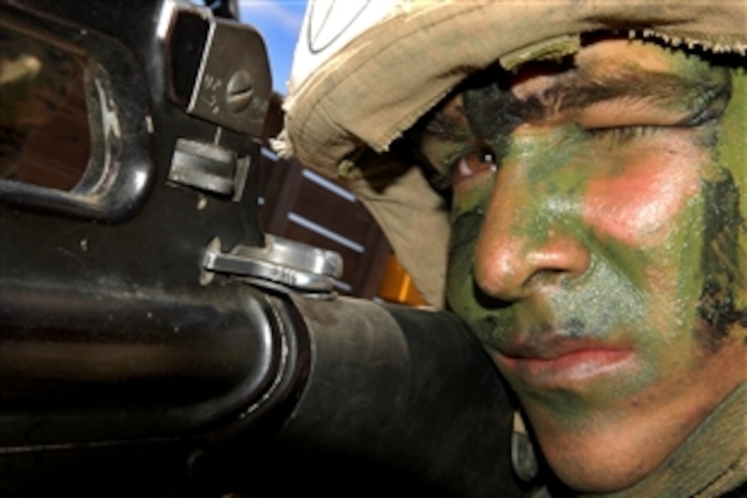 U.S. Marine Corps recruit Andrew W. Goodwin zeros in to provide security while his fellow recruits finish an exercise at Weapons and Field Training Battalion on Camp Pendleton, Calif., Aug. 12, 2008.