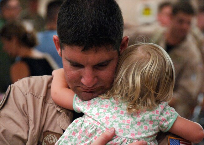 Capt. James Salazar hugs his daughter Elizabeth, 20-month-old, one last time prior to the 15th Airlift Squadron departure for their deployment at the base terminal here Aug. 27. Their deployment marks the seventh time an entire Charleston C-17 squadron will deploy for an operation. Captain Tarkowski is with the 15th Airlift Squadron and his daughter Elizabeth is 20 months old. (U.S. Air Force photo/Airman 1st Class Timothy Taylor)