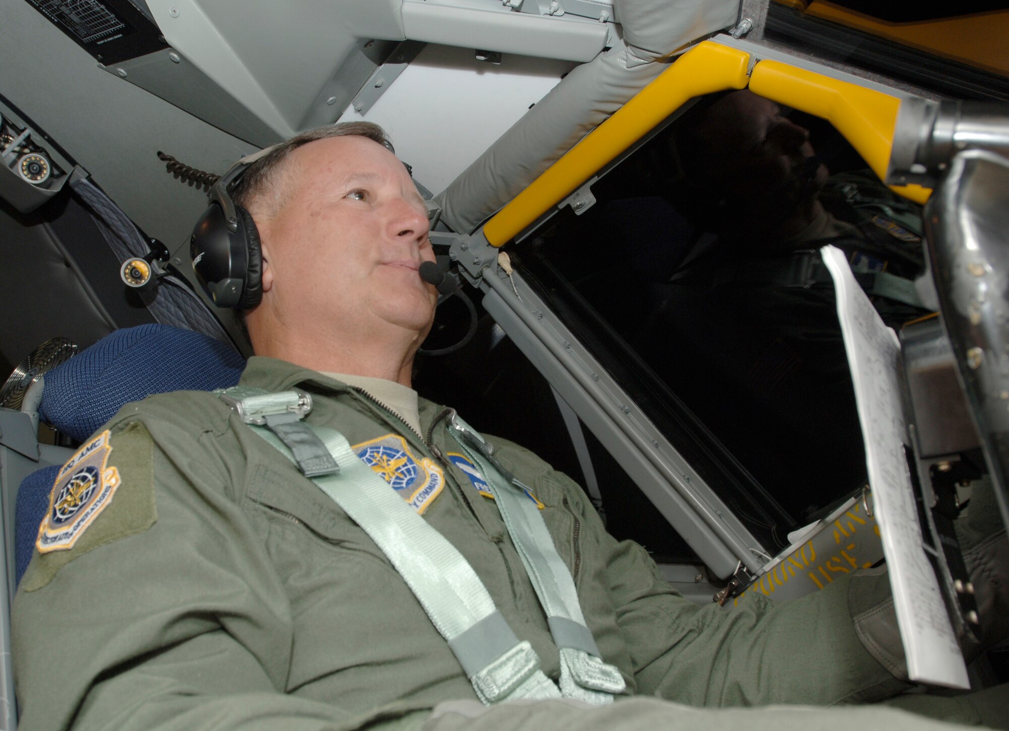 MCCONNELL AIR FORCE BASE, Kan. -- Maj. Gen. Fred Roggero, Director of Air, Space and Information Operations, Headquarters Air Mobility Command, practices for his annual check ride in the KC-135 Simulator at building 1092, Aug. 26. General Roggero will endorse the KC-135 Simulator for annual check rides to help off set fuel cost of actual aircraft rides.  (Photo by Senior Airman Roy Lynch III)