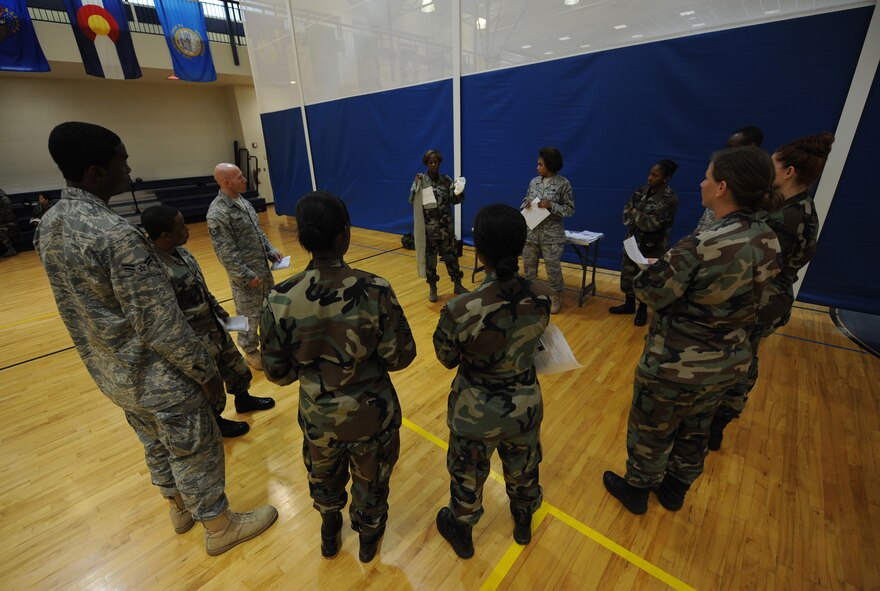 MOODY AIR FORCE BASE, Ga. – Tech. Sgt. Latonga Jelks, 23rd Force Support Squadron mortuary affairs, informs Airmen about self-aid buddy care here Aug. 26. Airmen must now complete the online training and a hands-on course. (U.S. Air Force photo by Senior Airman Gina Chiaverotti)