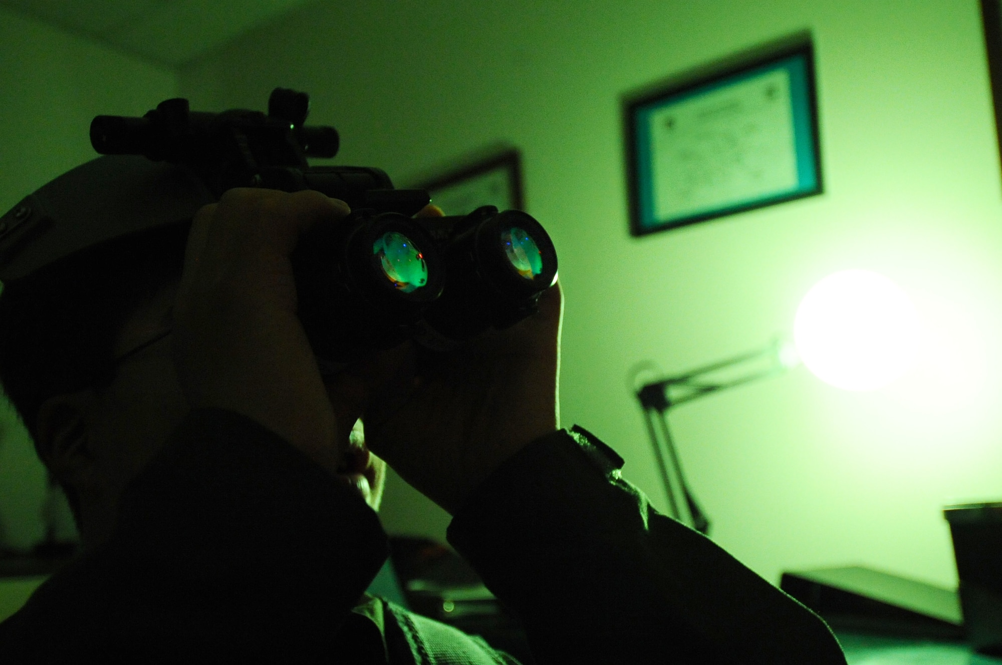 Alex Lee looks through night vision goggles Aug. 22, 2008, at Eielson Air Force Base, Alaska. Lee was born with congenital heart defects and Down syndrome and was selected by the Make-A-Wish Foundation for the "Pilot for a Day" program hosted by the Iceman 56 organization.  The purpose of this program is to ease the pain of children who lost a normal childhood due to illnesses or disabilities.  (U.S. Air Force photo by Airman 1st Class Jonathan Snyder)