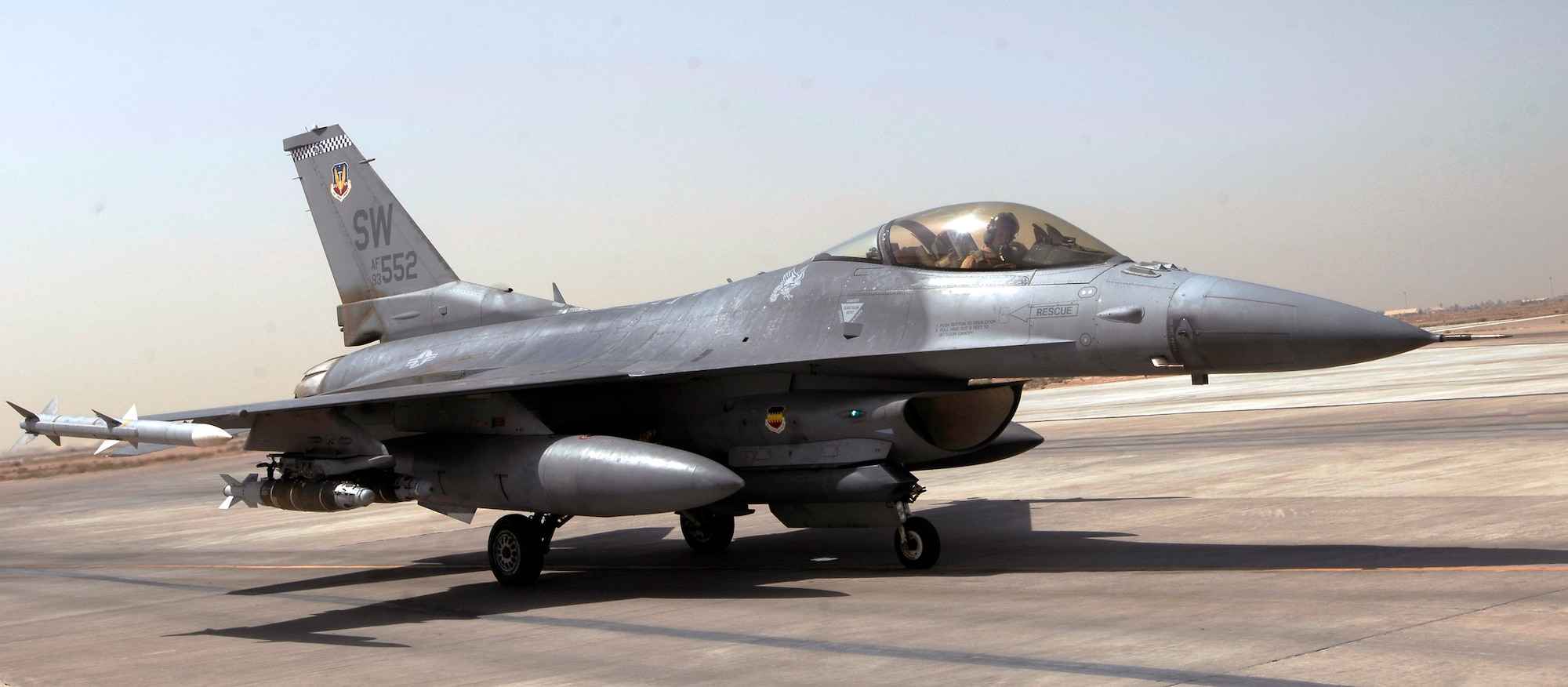 An F-16 Fighting Falcon piloted by Capt. Michael Lutmer and loaded with 500-pound guided bomb unit-54 laser joint direct attack munitions awaits clearance to take off Aug. 15 from Joint Base Balad, Iraq. Two F-16 pilots with the 77th Expeditionary Fighter Squadron here employed a GBU-54 Aug. 12 against a moving enemy vehicle in Diyala province to support a combined Iraqi army and U.S. Marine operation. Captain Lutmer is a pilot with the 77th EFS and deployed from Shaw Air Force Base, S.C. (U.S. Air Force photo/Airman 1st Class Jason Epley) 
