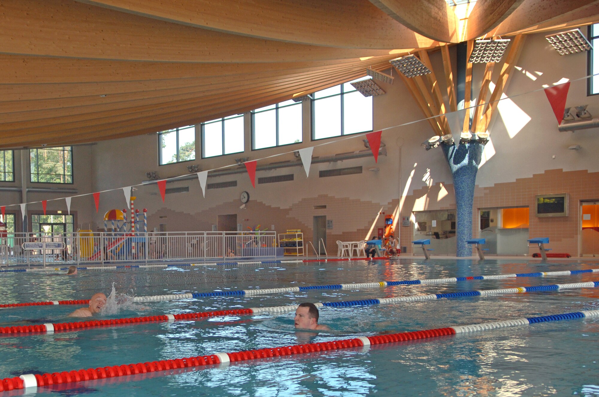 The Ramstein Aquatic Center opens its doors to patrons during a 'soft opening' from 26-28 Aug., Ramstein Air Base, Germany, Aug. 27, 2008. The 'soft opening' allows patrons to dive in and preview the facilities before it officially opens. (U.S. Air Force photo by Airman 1st Class Tony R. Ritter)(Released)*