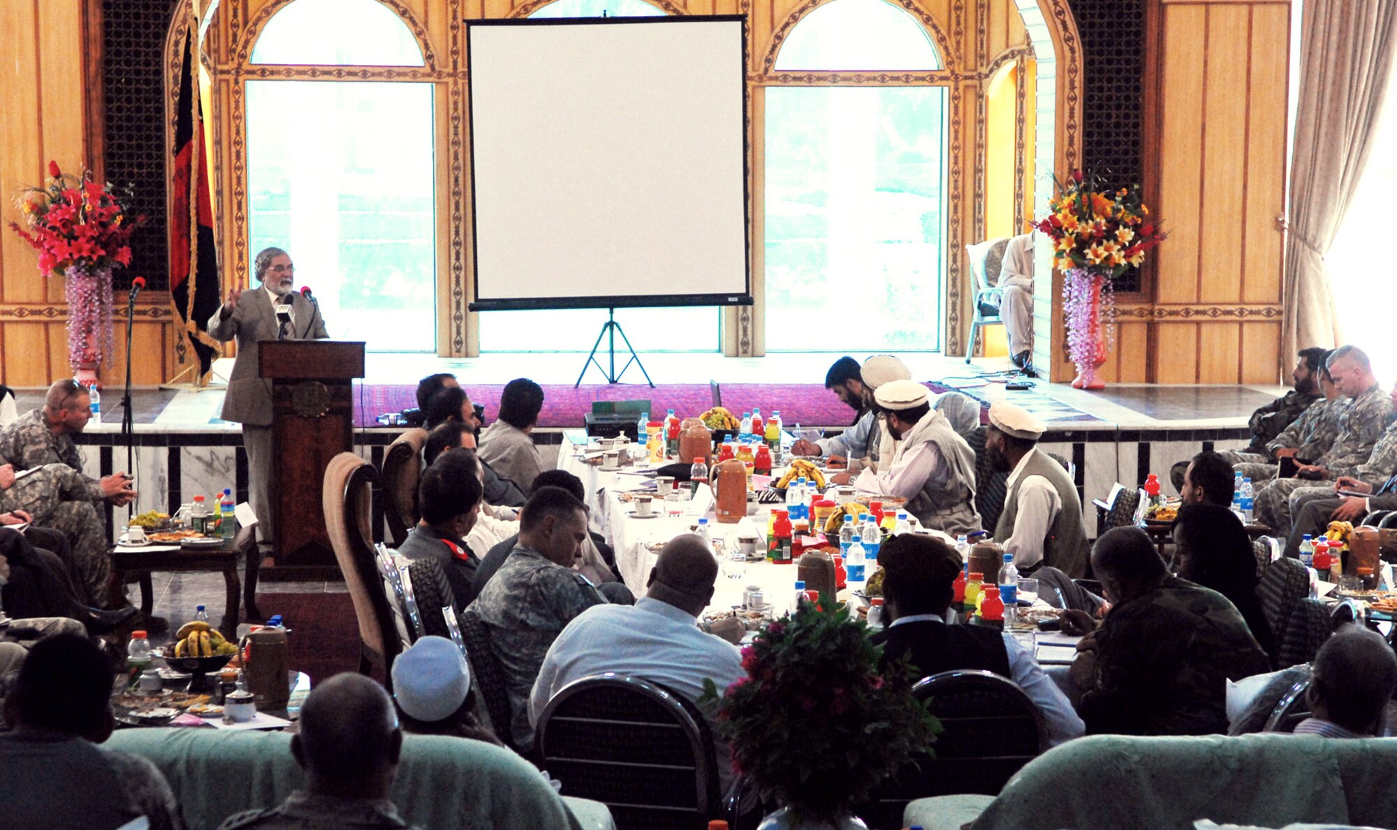 Konar Governor, Sayed Wahidi, speaks to a gathering of governors from northeast Afghanistan and International Security Assistance Force leadership about how to prepare for Voter Registration in Afghanistan’s at a conference in Nangarhar province, August 24.  The conference took place to allow leaders to figure out some details about the registration and election process. (U.S. Army photo/ Maj. Chevelle Thomas)