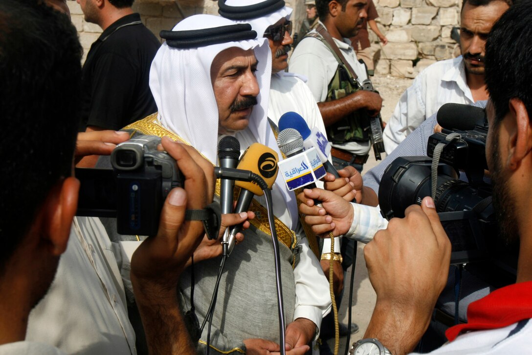 FALLUJAH, Iraq (Aug. 27, 2008) – Sheik Hamid Ahmad Hashim al-Alwani, chairman of the Fallujah City Council, speaks to members of the Iraqi media about the delivery of 35 generators throughout the city, Aug. 27. The generator project was put together by Fallujah City Council members and Civil Affairs Team 2, 2nd Battalion, 11th Marines, in direct support of 3rd Battalion, 6th Marines. Sheik Hamid said he was grateful that the generators, which will service more than 100 homes each, arrived in time for the hotter portion of the summer and for Ramadan. (Official U.S. Marine Corps photo by Cpl. Chris Lyttle) (RELEASED)::r::::n:: ::r::::n::