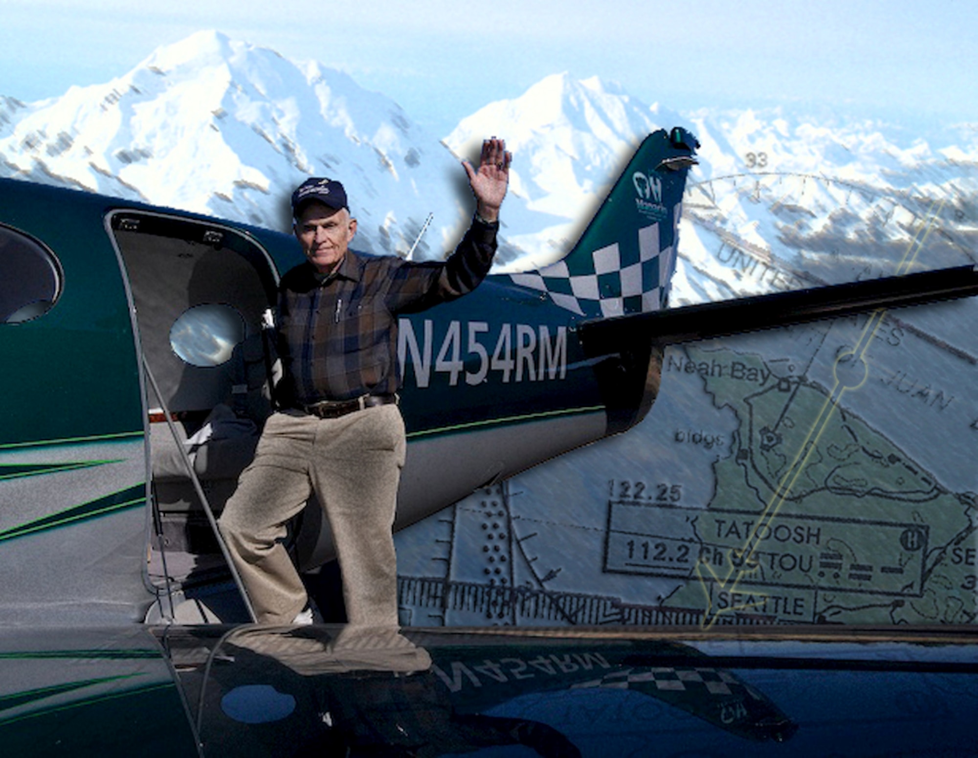 Retired U.S. Air Force Colonel Harlon Hain with the Epic LT turboprop aircraft he flew Aug. 12 when WADS and FAA controllers, and a Navy EA-6B, helped bring him and his passengers home after a multi-instrument failure.  (Photo illustration by Mike Strickler)