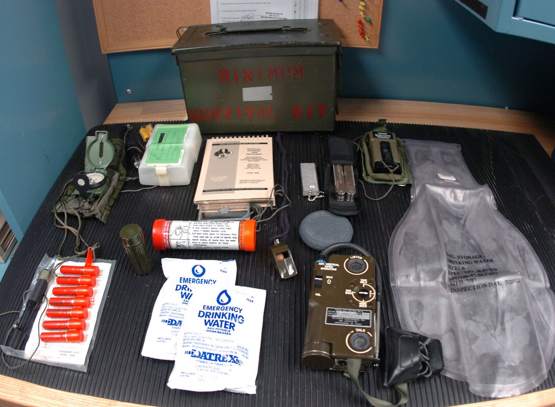 Approximately 30 life saving items are included in the Minimum Survival Kit including water, radio with beacon and fire starters.