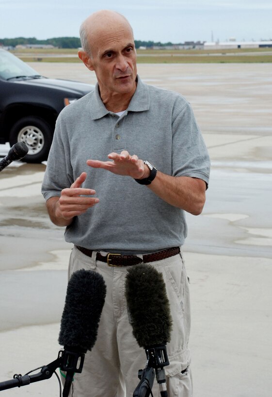 Department of Homeland Security Secretary Michael Chertoff issued a statement and fielded questions from reporters prior to departing Andrews AFB for Louisiana August 28. Secretary Chertoff, who briefed President Bush earlier in the day, will oversee preparations prior to Hurricane Gustav’s landfall and urged citizens residing in the Gulf of Mexico area to follow recommendations made by their government officials in regards to safety and evacuation procedures. (US Air Force/A1C Patrick McKenna)