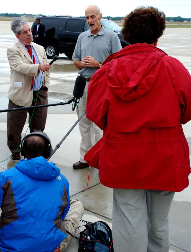 Department of Homeland Security Secretary Michael Chertoff issued a statement and fielded questions from reporters prior to departing Andrews AFB for Louisiana August 28. Secretary Chertoff, who briefed President Bush earlier in the day, will oversee preparations prior to Hurricane Gustav’s landfall and urged citizens residing in the Gulf of Mexico area to follow recommendations made by their government officials in regards to safety and evacuation procedures. (US Air Force/A1C Patrick McKenna)