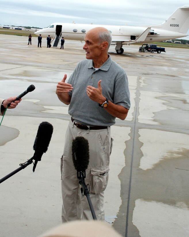 Department of Homeland Security Secretary Michael Chertoff issued a statement and fielded questions from reporters prior to departing Andrews AFB for Louisiana August 28. Secretary Chertoff, who briefed President Bush earlier in the day, will oversee preparations prior to Hurricane Gustav’s landfall and urged citizens residing in the Gulf of Mexico area to follow recommendations made by their government officials in regards to safety and evacuation procedures. (US Air Force/A1C Patrick McKenna)