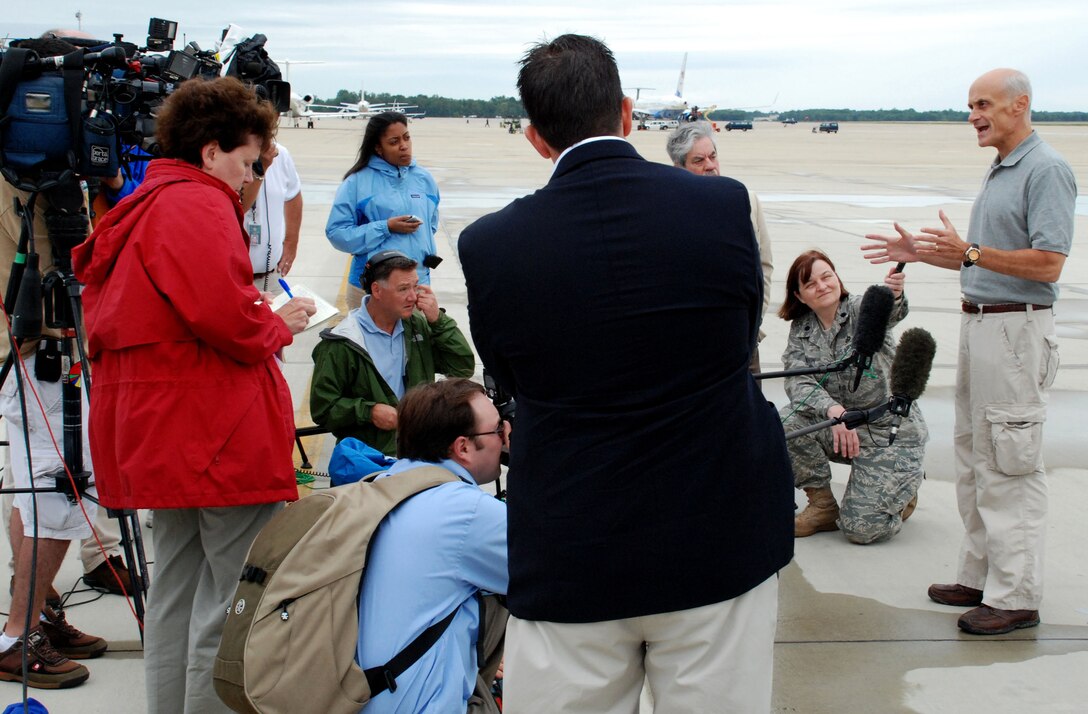 Department of Homeland Security Secretary Michael Chertoff issued a statement and fielded questions from reporters prior to departing Andrews AFB for Louisiana August 28. Secretary Chertoff, who briefed President Bush earlier in the day, will oversee preparations prior to Hurricane Gustav’s landfall and urged citizens residing in the Gulf of Mexico area to follow recommendations made by their government officials in regards to safety and evacuation procedures. (US Air Force/A1C Patrick McKenna)