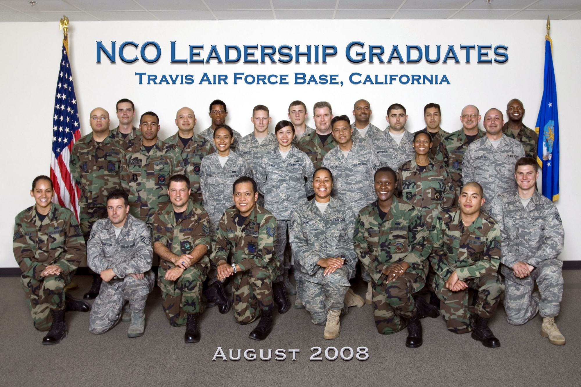 TRAVIS AIR FORCE BASE, Calif. -- Leaders of tomorrow: Recently 26 enlisted members from around the Air Force graduated from the Travis Noncommissioned Officer  Leadership Development program. The two-week course assists Airman in their career growth and development of leadership skills.  For more information about the program, contact the 349th Mission Support Squadron at (707) 424-1615.  (U.S. Air Force photo/Nan Wylie)