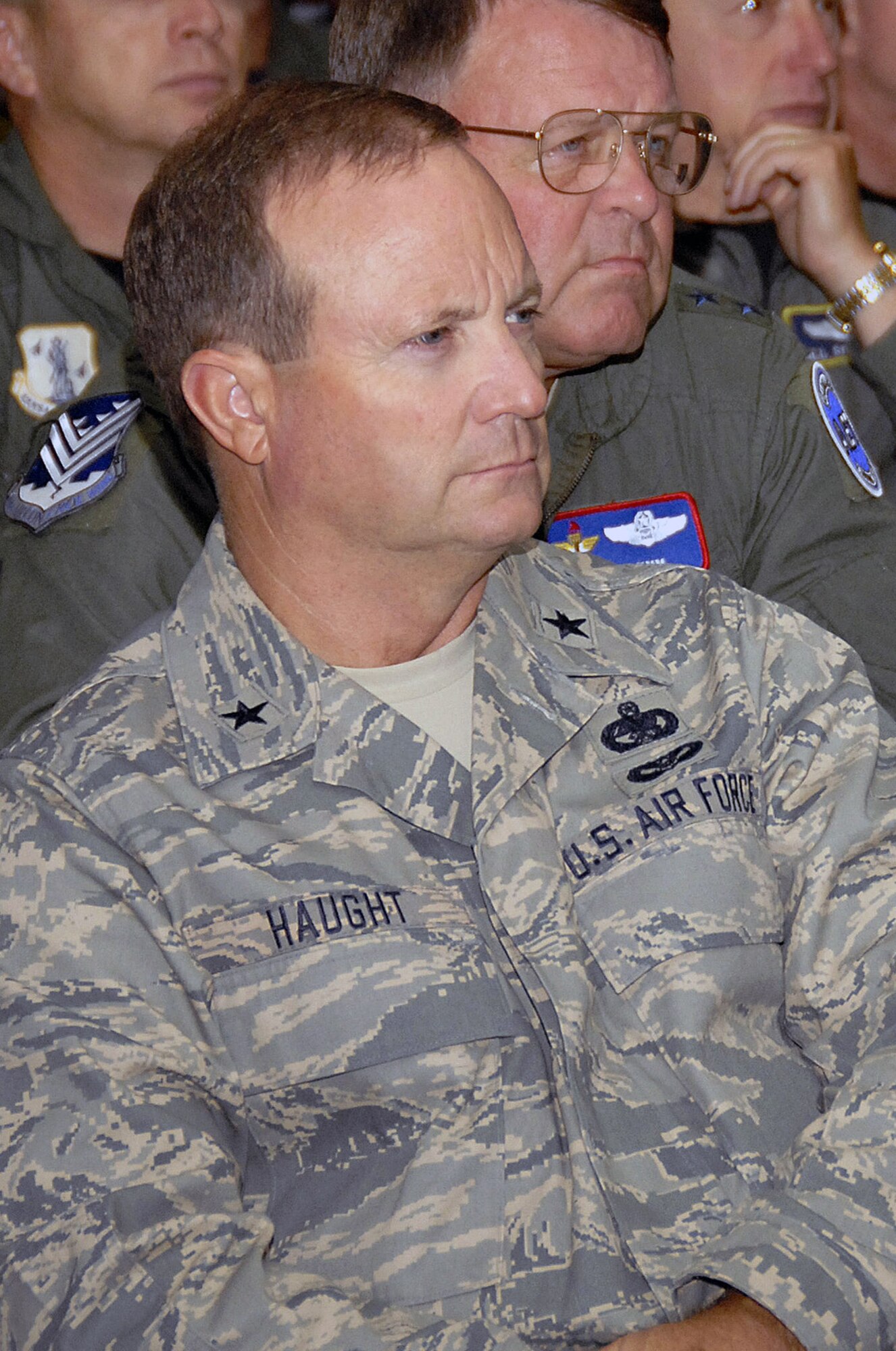Brig. Gen. Donald Haught, vice chair for the Air National Guard steering committee and assistant to the director of the Air National Guard, listens to a presentation Aug. 12 during the Air Guard's 2008 Leadership Summit in Wisconsin. More than 500 Air Guard senior leaders and safety experts met at the Volk Field Combat Readiness Training Center Aug. 11-15 for the summit, which carried a theme of "A look at safety, culture and other challenges." (U.S. Air Force photo/Air Force Master Sgt. Paul Gorman)